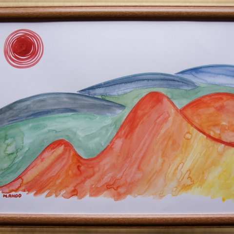 水彩画 / 風景画（直筆　絵画　額縁付き）：red mountains