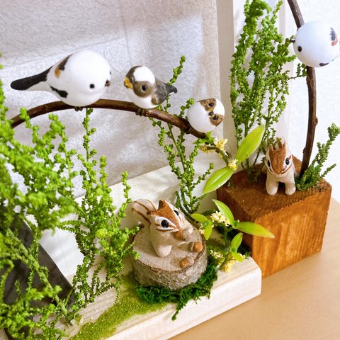 totorigiの森　シマエナガ　シマリス　ミニチュア　動物　木工　インテリア雑貨　壁掛け