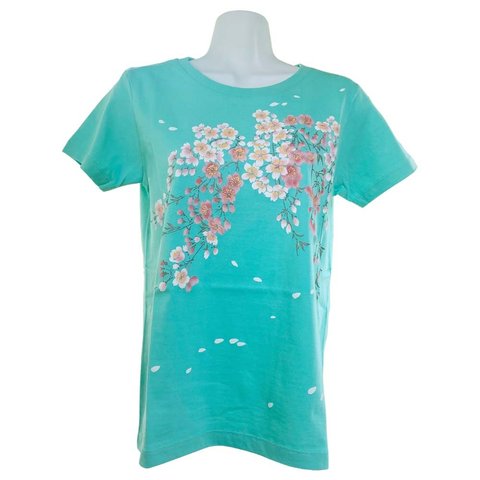 着物風　手染め京友禅Tシャツ桜　ミントグリーン