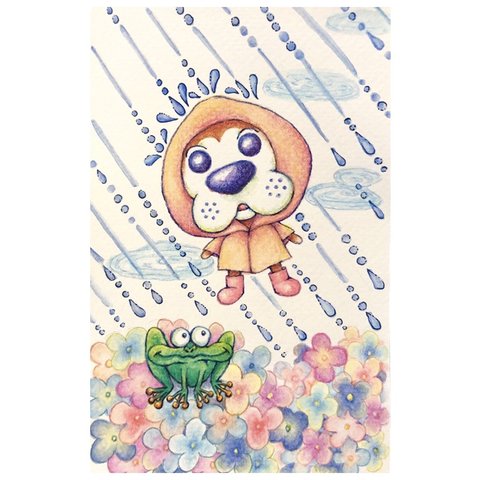 【色鉛筆画】犬/カエルと出会ったわん〜雨の日〜🐸🐕☔️イラスト原画