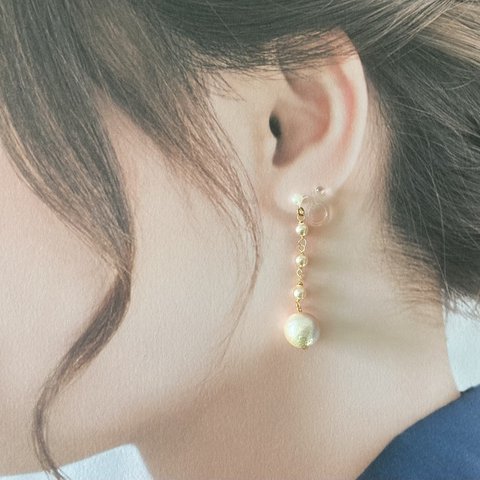 パールとほんのりピンク♡コットンパールピアス／ノンホールピアス