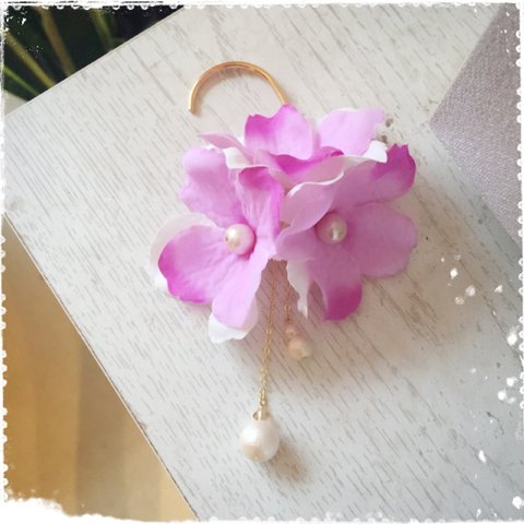 【再販】紫陽花とコットンパールのイヤーフック＊ピンク