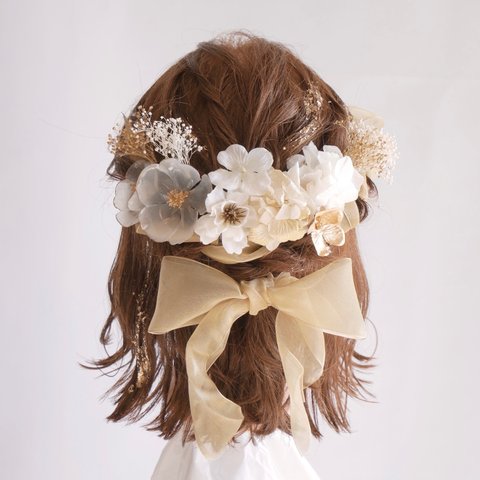 O11  ゴールド　クリアブロッサム　オーガンジーリボン　ドライフラワー　髪飾り　白　桜　卒業式　袴　成人式　振袖　結婚式　