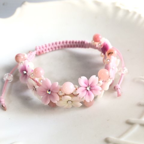 春アクセサリー☆桜☆桜の編み込みブレスレット☆ピンクオパール☆淡水パール