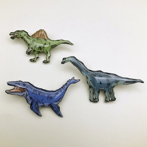 恐竜 ピンバッジ ブローチ♬ スピノサウルス モササウルス ブラキオサウルス ♬