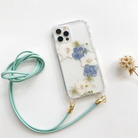 かすみ草 紫陽花 千鳥草 押し花ケース iPhone14Pro/SE/12/13 スマホショルダー 斜め掛け スマホケース