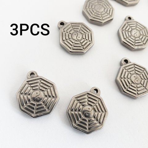 3個 現品限り ステンレス 陰陽  八卦 八角形 チャーム パーツ/(taimetalP-664）チャイナ 中華 陰陽師 陰陽