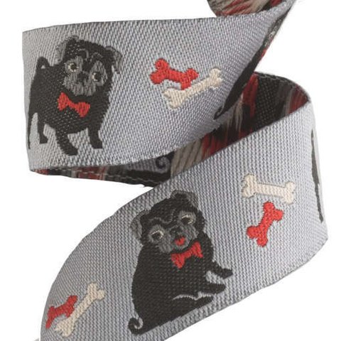 アメリカデザイン 刺繍リボン1m パグと骨　グレー NC r-0701　犬