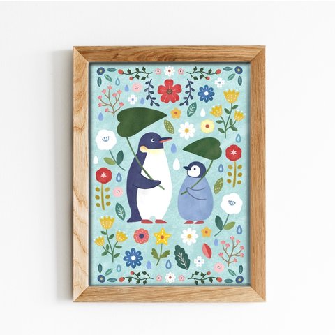 ペンギン親子と雨　A4ポスター