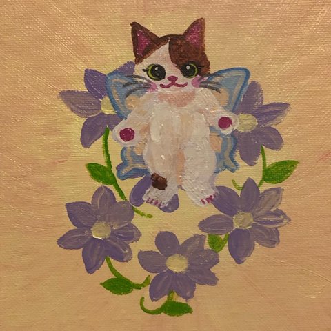 猫の絵　原画　お花で一休み