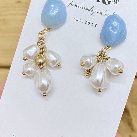 nuance stone×random pearl pierce（gold-sky blue）