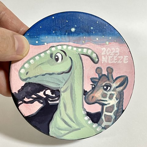 丸板14🌼恐竜とキリンのミニ原画イラスト