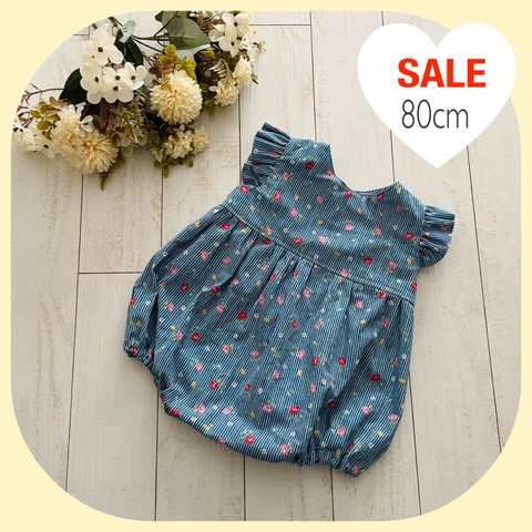 【SALE♡80cm】＊ふんわりおしりロンパース＊　ヒッコリーデニム×レトロフラワー