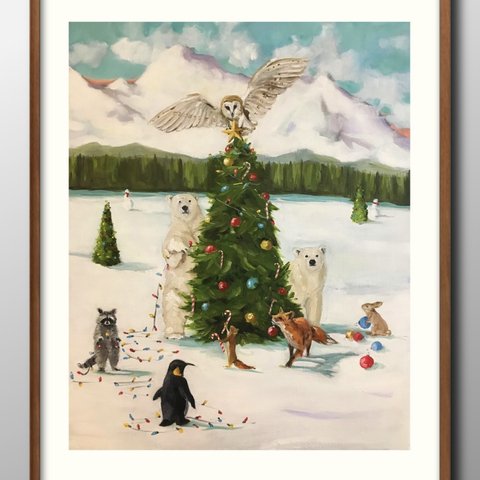 14226■アート　ポスター　絵画　A3『クリスマス　ツリー　動物』イラスト　インテリア　北欧
