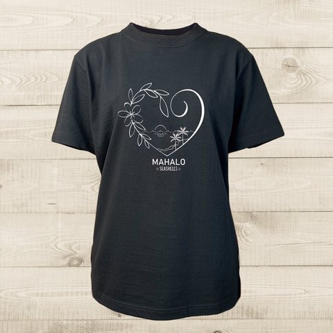 ハワイアンデザインTシャツ ハートとプルメリアのイラスト 海の景色 海岸とヤシの木 半袖カットソー