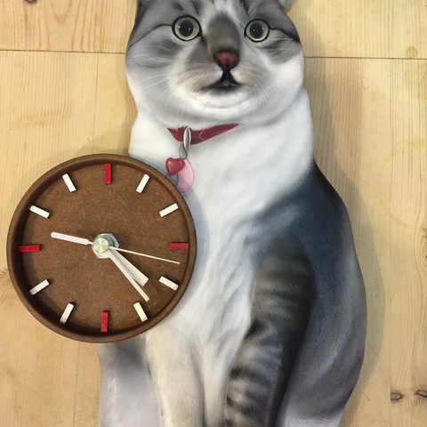 ネコちゃん時計　3D リアル 立体 オーダー　ペット　時計　似顔絵　愛猫　猫グッズ　壁掛時計　かわいい時計　似顔絵時計　立体時計　手作り時計　送料無料　プレゼント　サプライズ