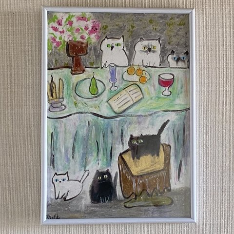 絵画 。手描き【かわいい猫たちが花、ワイン、果物のテーブルを囲んでいる】