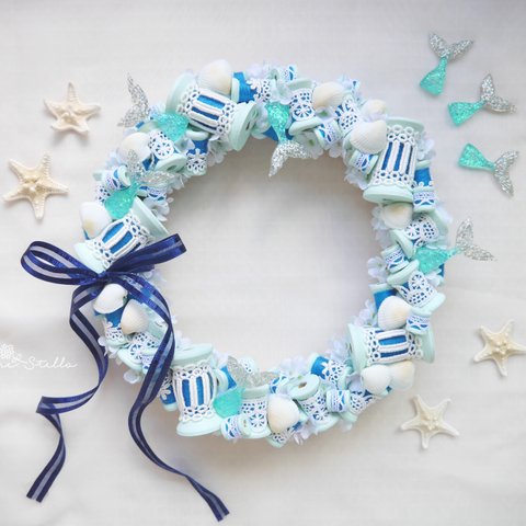 Wreath ***bobbin merletto shell＆mermaid BLUE