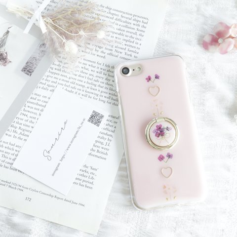 新色♡ベビーピンクと小花のブーケ♡スマホリング付き 押し花iPhone13 12 SE2 iPhoneケース スマホケース スマホカバー Android Galaxy Xperia  全機種 韓国