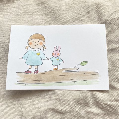 うさぎと女の子のポストカード【原画】