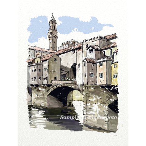 ポストカード　ヨーロッパ風景画No.13  イタリア   フィレンツェ ヴェッキオ橋 (他の絵と４枚セットで1000円)   