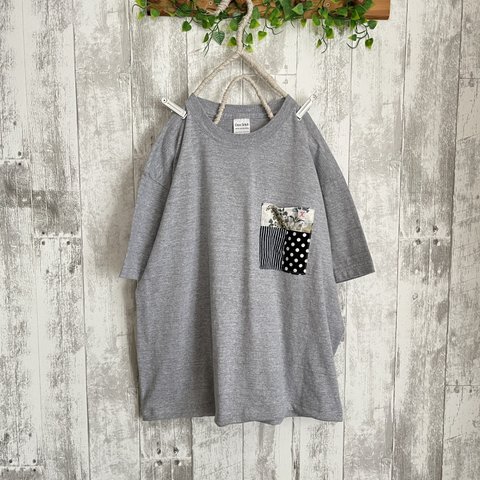 夏パッチポケット付きゆったりグレーTシャツcotton100%