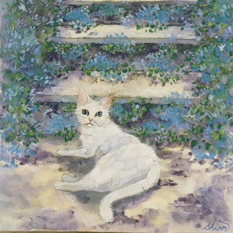 動物絵画　白猫風景　日本画　原画