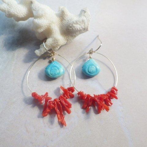 14kgf*Red Coral&Turquoise 天然赤珊瑚とターコイズのピアス 