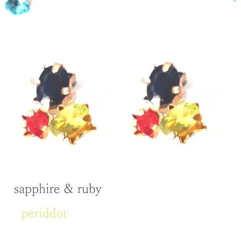 - aki no kokumi - Sapphire & Peridot & Ruby Earrings
