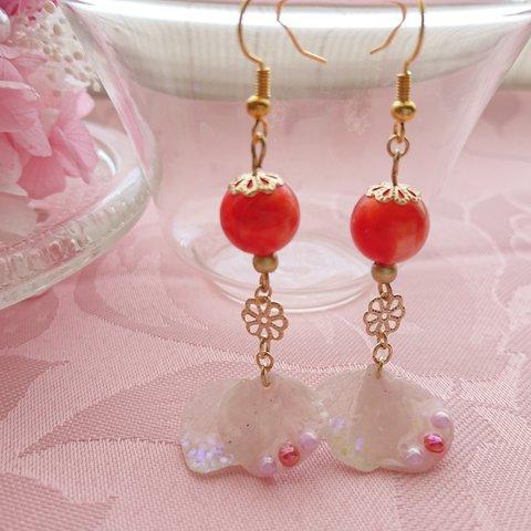 桜色の紫陽花とマーブルビーズの和風ピアス/イヤリング/レジン