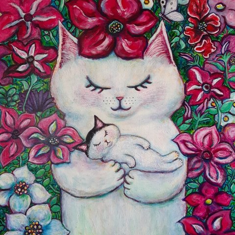 原画「おかっぱの子猫を抱いた白猫」 F10号  ＃絵画 ＃ねこ ＃白黒猫 ＃白猫 ＃猫の絵 #花畑 ＃仔猫  ＃蝶  ＃アート 