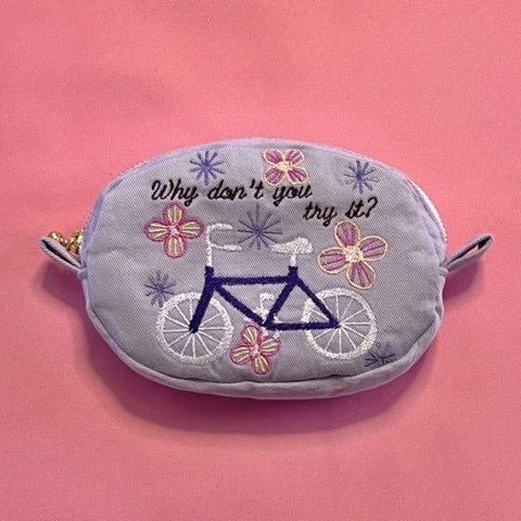 自転車刺繍のラウンドミニポーチ　Lavender ver.