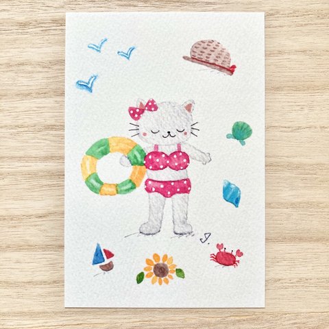 ⛵️透明水彩画「猫ちゃんの海水浴」イラストポストカード２枚セット 暑中見舞い　暑中はがき　残暑はがき 残暑見舞い　海　ネコ　ねこ　ひまわり　メッセージカード