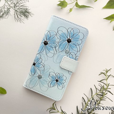 Xperia AQUOS Galaxy iPhone 対応 手帳型ケース カメラ穴対応 /  手描き調フラワー Pastel Flower type4 m-529