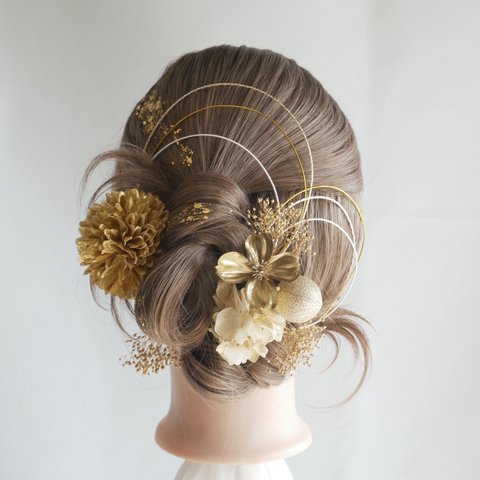 U1  ゴールド　マムの髪飾り　ドライフラワー　和玉　水引　成人式　結婚式　前撮り
