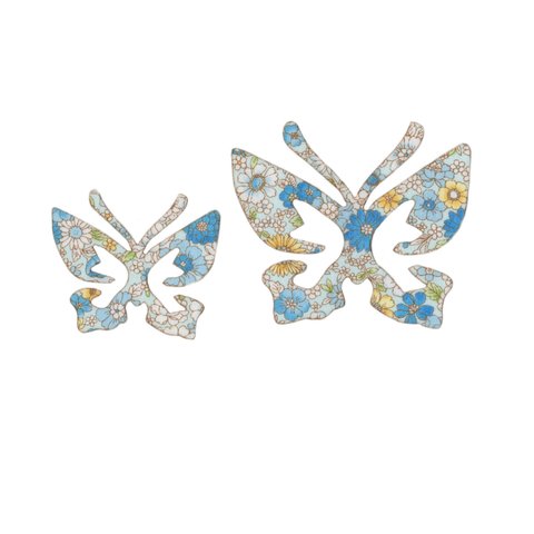花柄 ブルー バタフライ（蝶々） モチーフ アップリケ 2枚セット アイロン接着可能