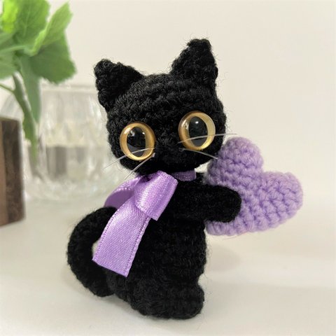 リボン黒猫の選べるハート♡ライトパープル♡あみぐるみ