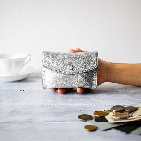 イタリアレザー財布 手に馴染むふっくらコンパクト財布【シルバー】