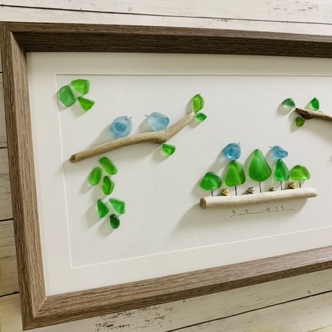 シーグラスアート 小鳥の世界 癒しの森 インテリア雑貨 壁掛け 置物 北欧 観葉植物 ガラス細工 手作り ハンドメイド 贈り物 プレゼント 
