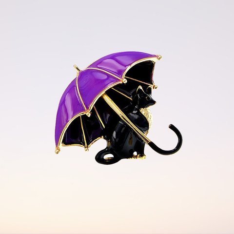 H2372【動物】上品 紫傘＆黒猫 2WAY ペンダントトップ兼ブローチ