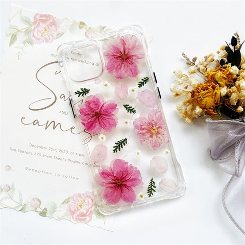 押し花ケース 、iphone15、iPhone13、iPhone12、iPhoneケース、名入れ無料、桜