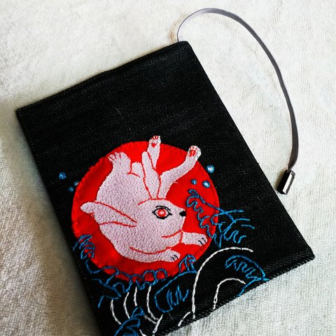 デニム手刺繍 和風ブックカバー