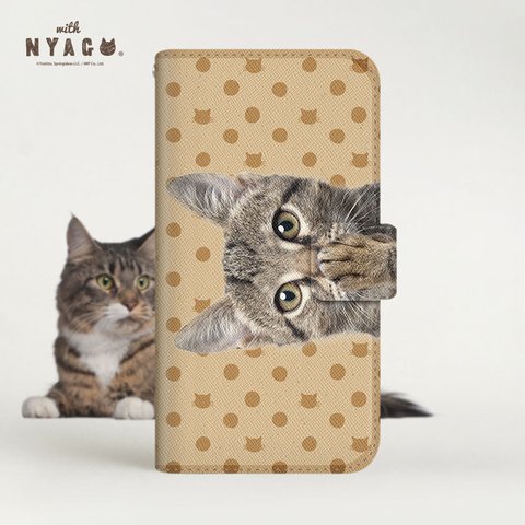 猫のスマホケース NYAGO 手帳型ケース 全機種対応 ［ ソラちゃん 肉球をペロペロするにゃ～。 猫と水玉 ］No.2S2300