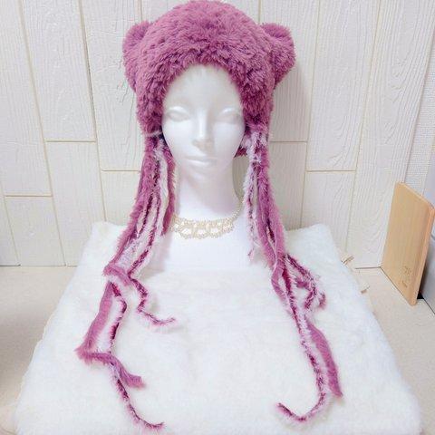 キャットヤーンで編んだふわふわ猫耳ニット帽〈桃紫猫〉
