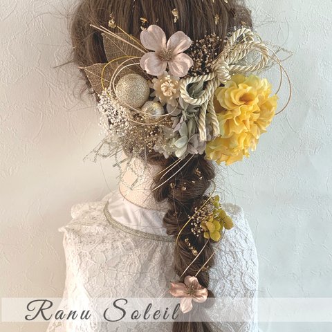 *⋆⸜𝐧𝐞𝐰⸝⋆* ヘッドドレス　DAHLIA yellow＆green 髪飾り　結婚式　成人式　卒業式　プリザーブドフラワー　ドライフラワー　着物　袴　ヘアアクセサリー　金箔　振袖　水引き　和装