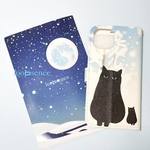 【受注生産】雪と黒猫 / ループセンスオリジナル手帳型スマホケース