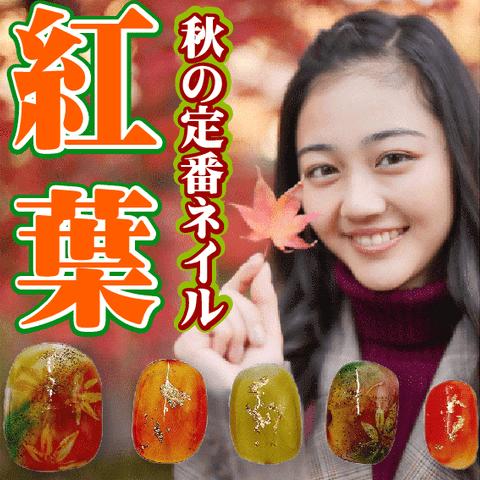 紅葉ネイルチップ もみじ 秋 ベリーショート 葉っぱ ジェル アート つけ爪 赤 黄色 緑 和風 べっ甲 和柄 植物 