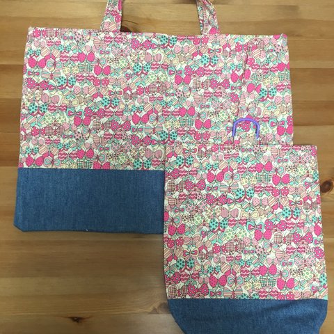 【SALE】入園入学バッグ&上履き入れセット☆リボン柄