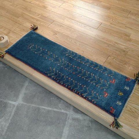 ラグ　ペルシャ　ギャッベ　ブルー　生命の木　ミニランナー　117×40cm　手織り絨毯