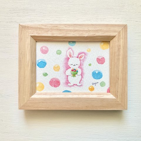 💐「花束どうぞ」水彩画イラストミニ額  うさぎ　ウサギ　花　春　プチギフト　母の日　入学式　入園式💐